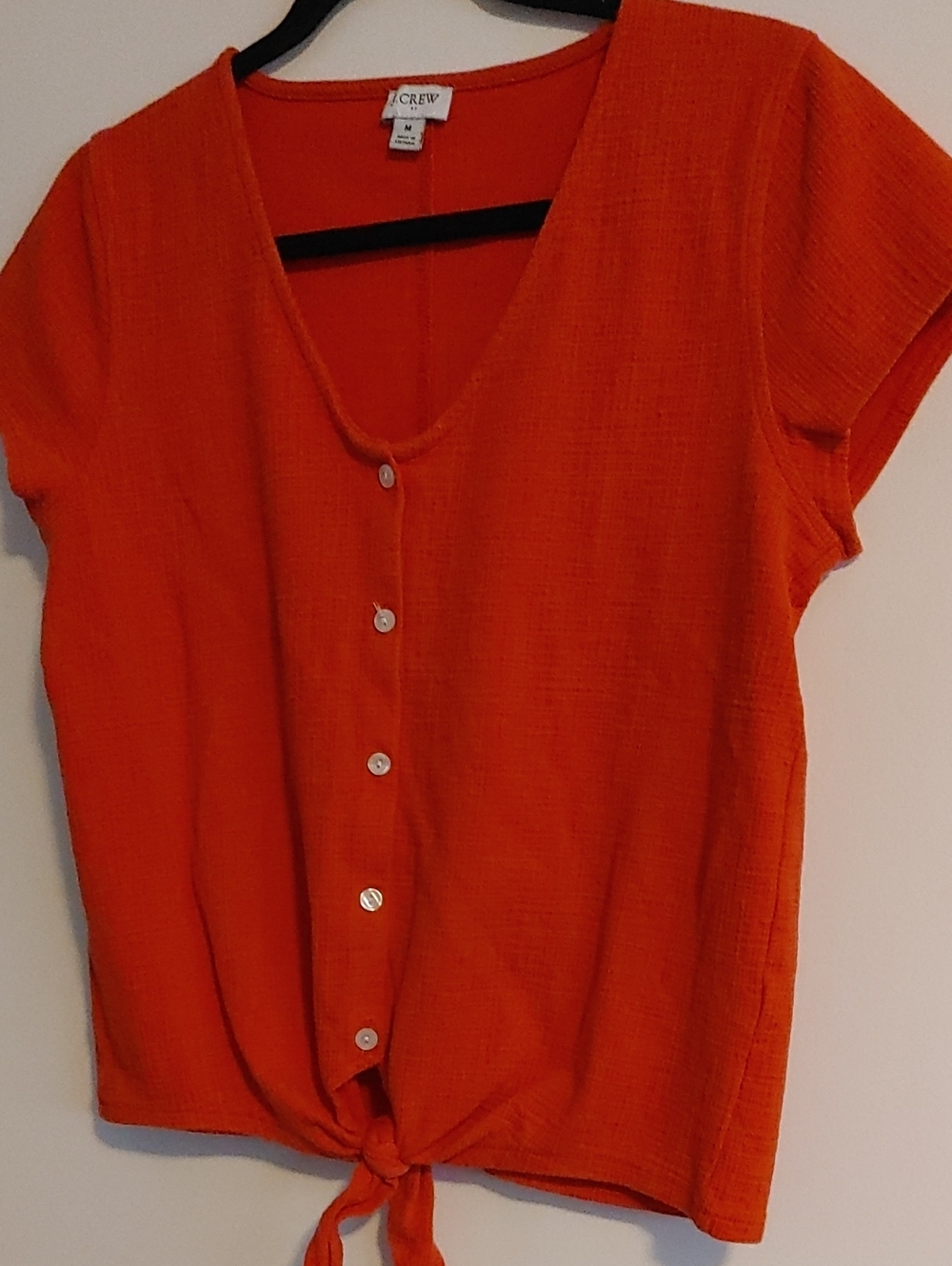 J. Crew Orange Short-Sleeve Button-Front Tie Blouse